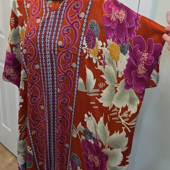 NATORI CAFTAN PINK ORANGE YELLOW ORIENTAL FLOWERS PAISLEY NIGHTGOWN LEISURE S - Picture 3 of 12